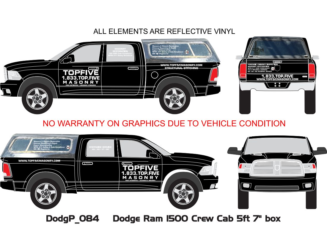 Preview of the supplied vehicle-wrap artwork: a black pickup truck shown from four sides with white Topfive Masonry lettering
